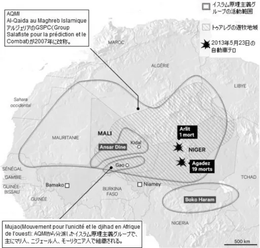 図 5  サヘル地域におけるイスラム原理主義グループの活動範囲  2008 －09 年にかけては、ニジェールとマリとの国境付近において AQMI によるカナダ国 連特別大使ロバート・ファウラーの誘拐や欧州観光客の誘拐が相次いだ。2010 年 9 月には、 Areva 社のフランス人 5 人を含む従業員 7 人がアーリットにて、AQIM によって誘拐され、 Areva 社は身代金数百万ユーロを支払った後に、そのうちの 3 人（フランス人 1 人、トゥ アレグ、マグレブ人）がマリで解放されている。2011 年 