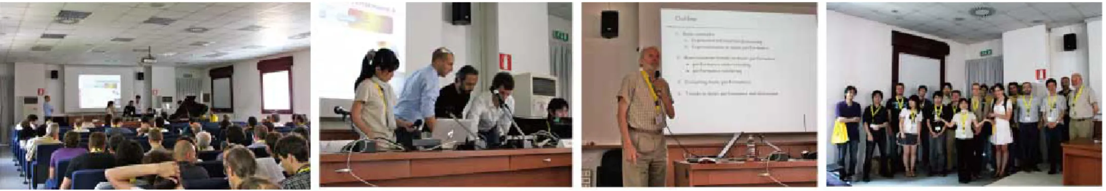 図 4 SMC-Rencon の様子．左から順に，会場全体，パドヴァ大学チーム CaRo 演奏中，G. De Poli 氏による招待講演，当日参加チームとスタッフ