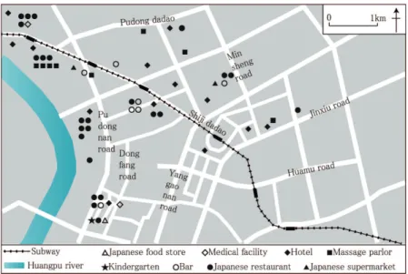 Fig. 10  Distribution of the Japanese facilities in Pudong New Area, 2012 (Source: Whenever Shanghai, March 2012 and fieldwork in 2012)