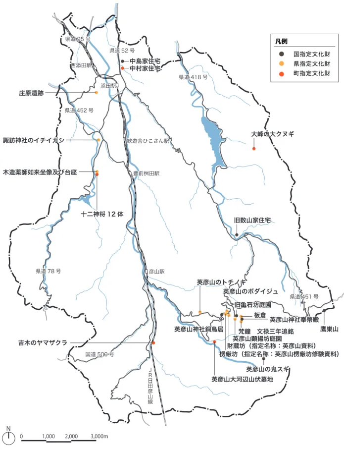 図　主な指定文化財の位置 西添田駅 添田駅 歓遊舎ひこさん駅豊前桝田駅彦山駅ＪＲ日田彦山線国道 500 号県道 78 号 県道 418 号 県道 451 号県道 452 号県道 95 号県道 52 号中島家住宅中島家住宅中村家住宅中村家住宅旧数山家住宅旧数山家住宅英彦山神社銅鳥居英彦山神社銅鳥居 財蔵坊（指定名称：英彦山資料）財蔵坊（指定名称：英彦山資料） 楞厳坊（指定名称：英彦山楞厳坊修験資料）楞厳坊（指定名称：英彦山楞厳坊修験資料）英彦山のボダイジュ英彦山のボダイジュ諏訪神社のイチイガシ諏訪神社のイチイ