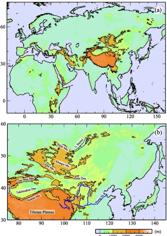 Fig. 3.1. Topography around the global dust belt (a) and East Asia (b). Black solid contours indicate coast and elevations of 1500 m A.S.L
