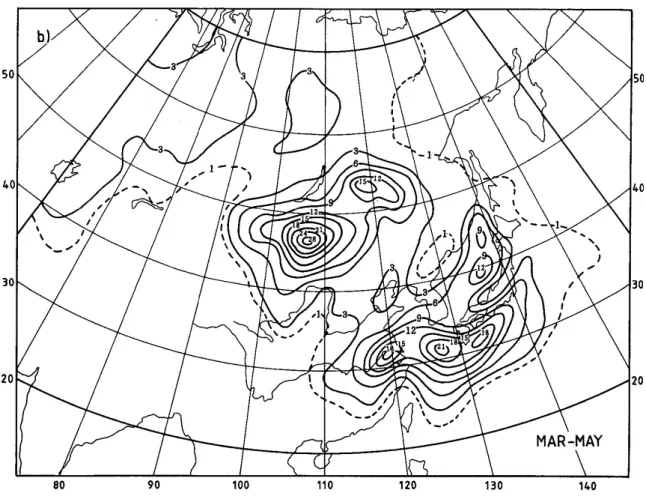 Fig. 3.3. Number of cyclogenetic events (10 -2 ) per 2.5° quadrangle per month for