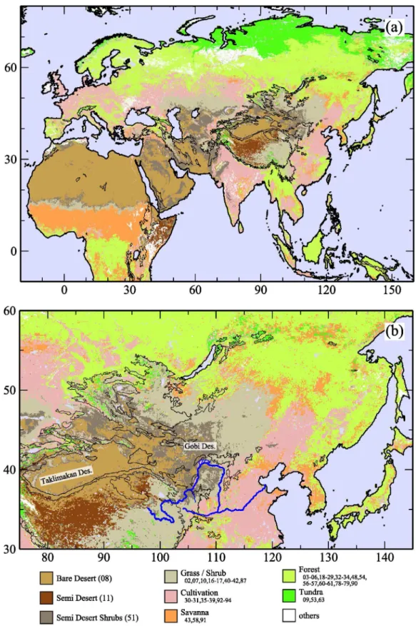 Fig. 3.8. Land cover types around the global dust belt (a) and East Asia (b). Black solid contours indicate coast and elevations of 1500 m A.S.L