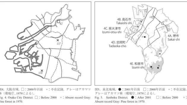 Fig. 4. Osaka City District. □：Before 2000 ×：Absent record Gray: 