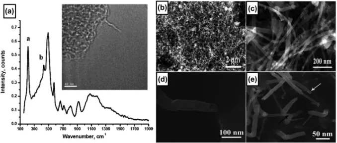 Figure 8.  (a) raman spectrum and TeM image (inset) of boron nanotube. owing to the extreme beam sensitivity and charging of the  sample, the image is blurred and out of focus