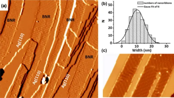 Figure 10.  Borophene nanoribbons on ag(110) surface. (a) a derivative STM image shows boronphene nanoribbons grown on 