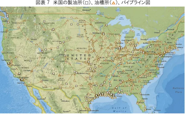 図表 7  米国の製油所（ □ ）、油槽所（ △ ）、パイプライン図 