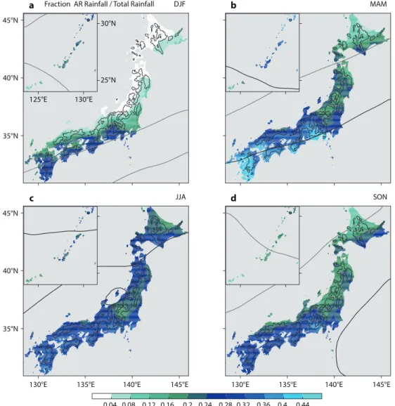 Fig. 6.  Similar to Fig. 3, but for fraction of AR rainfall to total rainfall over Japan