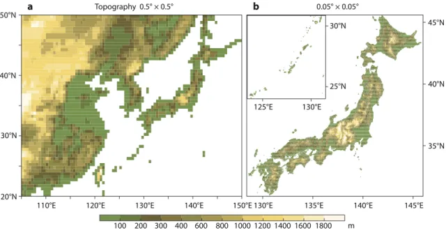 Fig. 1.  (a) Topography (m) at spatially 0.5° × 0.5° resolution (Row et al. 1995) over East Asia and (b) at 0.05° × 0.05°  resolution over Japan (distributed as a supplement of APHRO JP dataset; Kamiguchi et al
