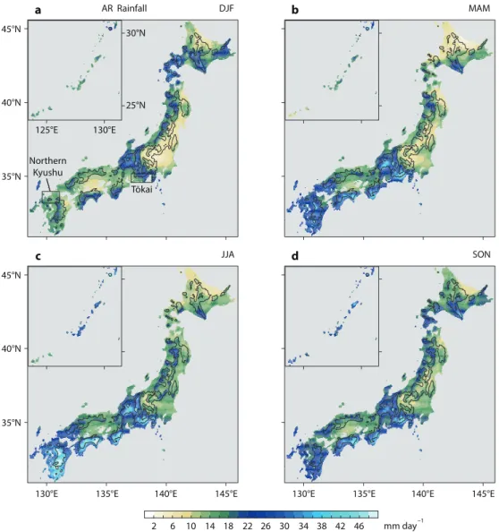 Fig. 3.  Similar to Fig. 2, but for AR rainfall at spatially 0.05° × 0.05° resolution over Japan