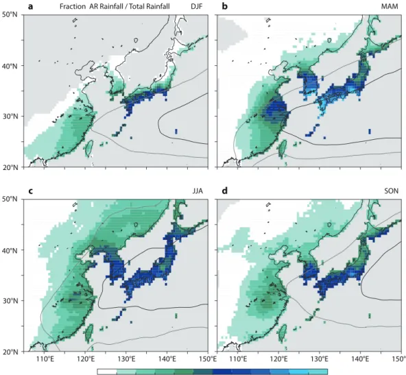 Fig. 5.  Similar to Fig. 2, but for fraction of AR rainfall to total rainfall over East Asia.