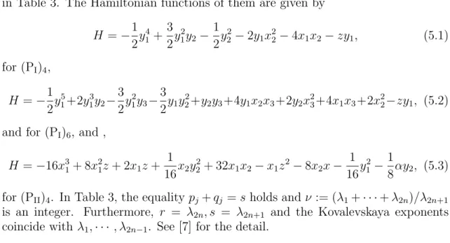Table 3: The characteristic index (λ 1 , · · · , λ 2n+1 ), the Kovalevskaya exponent κ and ν := (λ 1 + · · · + λ 2n )/λ 2n+1 .