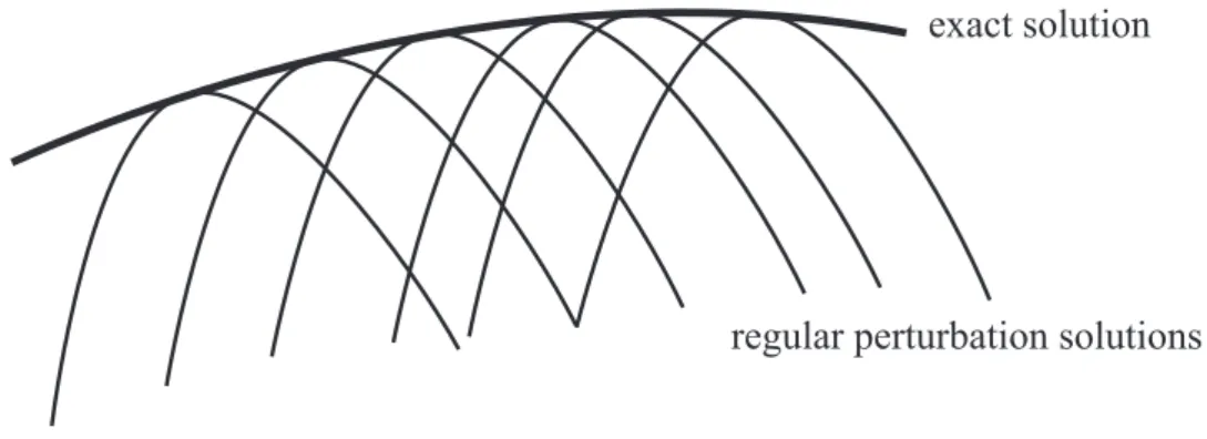 Fig. 7 Exact solution of Eq.(2.1) and a family of regular perturbation solutions ˆx(t , τ, y( τ )).