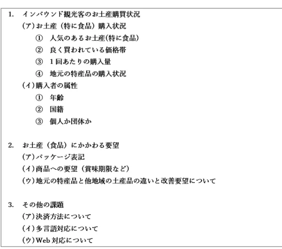 図 15　市内土産物販売事業者ヒアリング項目 事業者に対するヒアリング調査についての回答は次の通りである。 土産品購入状況  　 土産品（食品）の売れ筋は、道内の有名ブランド菓子である（チョコレート、 クッキーなど）  　 菓子以外では、ポストカード、クリアファイル、模型、ぬいぐるみなどが人 気である  　購入割合は食品30％、物販70％  　 1回あたりの購入金額は食品系で1000 ～ 1500円程度、物販で2000円程度 である  　 地元の商品（購入した食品類）は、その場で食べられるものを買