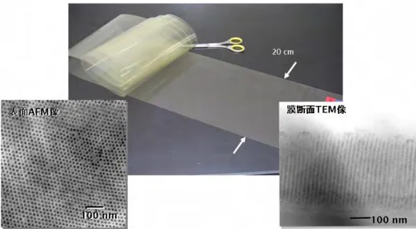 図 1b.1.  マイクログラビア印刷によるロール型ペットフィルム基板に連続製膜  左：膜表面の AFM 位相像    右：膜断面の TEM 像 