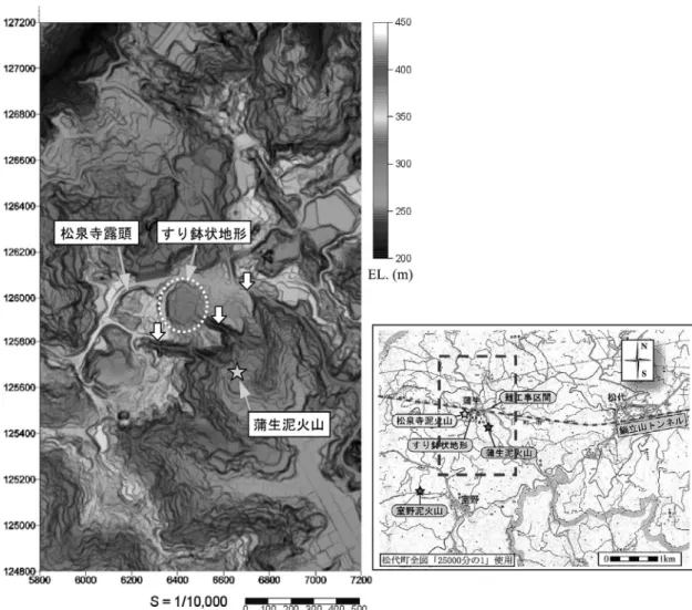 Fig. 3　 Topographic features obtained by the Laser scanner survey of the Kamou area. Three arrows indicate  steep valleys（See color figures of Pictorial 2）.