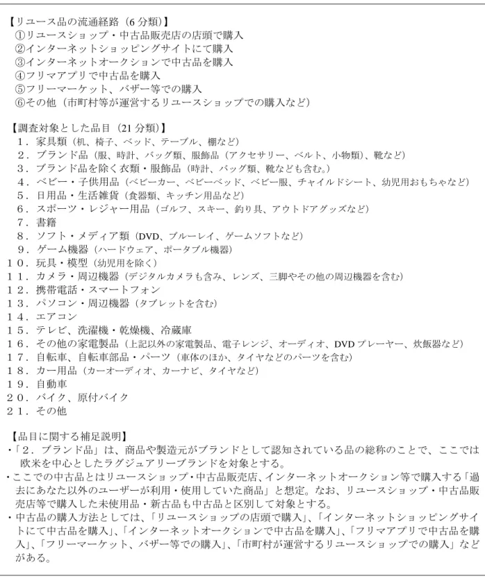 図表  2  消費者アンケートでの流通経路、品目の分類  【リユース品の流通経路（6 分類）】  ①リユースショップ・中古品販売店の店頭で購入  ②インターネットショッピングサイトにて購入  ③インターネットオークションで中古品を購入  ④フリマアプリで中古品を購入  ⑤フリーマーケット、バザー等での購入  ⑥その他（市町村等が運営するリユースショップでの購入など）  【調査対象とした品目（21 分類）】  １．家具類 （机、椅子、ベッド、テーブル、棚など） ２．ブランド品 （服、時計、バッグ類、服飾品（ア