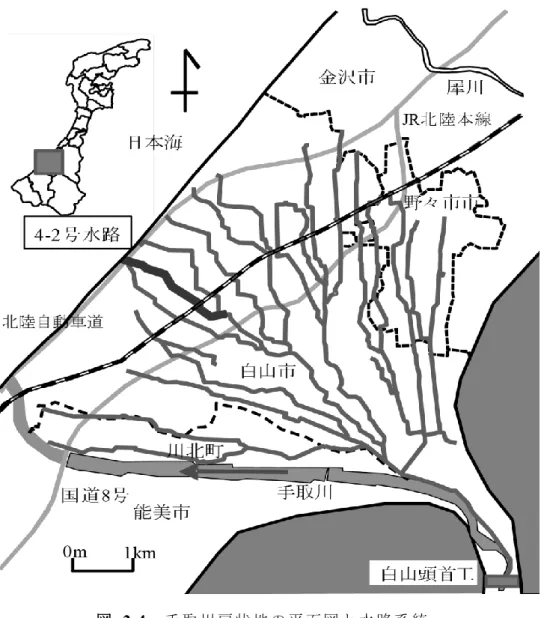 図   2-4  手 取 川 扇 状 地 の 平 面 図 と 水 路 系 統