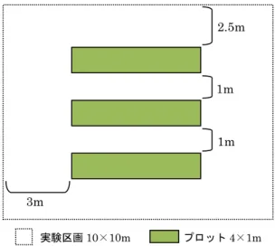 表 2-2  試験期間中のサンプリングの年月日  刈取年次  刈取回次  2009  2010  2011  一番草  5 月 28 日  5 月 20 日  5 月 26 日  二番草  6 月 25 日  6 月 25 日  7 月 11 日  三番草  8 月 16 日  8 月 3 日  8 月 22 日 1m 1m 2.5m 3m 実験区画10×10m プロット4×1m 