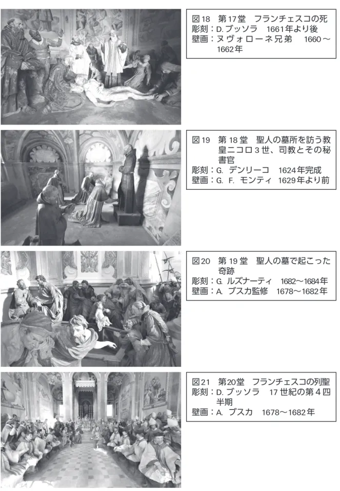 図 19 　 第 18 堂　聖人の墓所を訪う教 皇ニコロ 3 世、司教とその秘 彫刻： G.  書官 デンリーコ　 1624 年完成 壁画： G. F.  モンティ  1629 年より前図15　第14堂　エジプトのスルタンの前のフランチェスコ彫刻： C.ベレッタ　1756年完成壁画： F.フェッラーリ　1756年完成 図 20 　 第 19 堂　聖人の墓で起こった 彫刻：  G