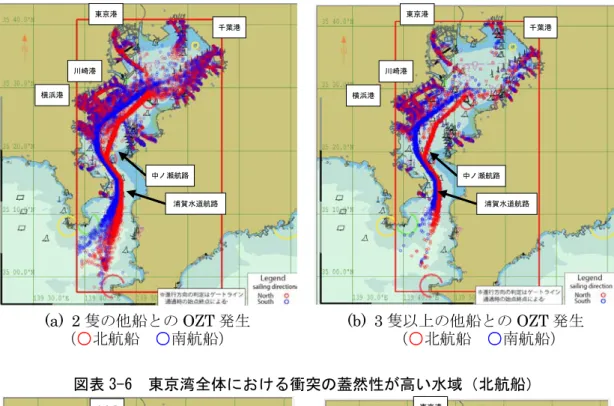 図表 3-7  東京湾全体における衝突の蓋然性が高い水域（南航船） 
