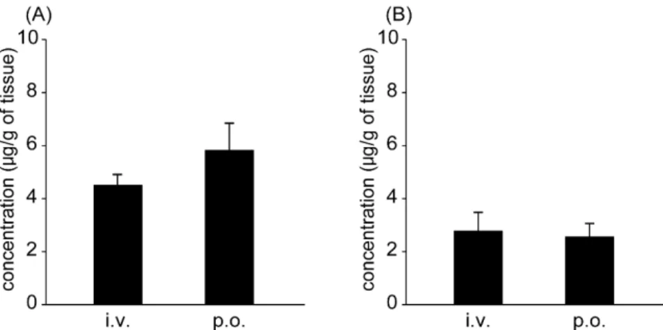 Fig. 14. The tissue distribution to (A) liver and (B) kidney of CdG at 9 hr after intravenous  injection (i.v.) and oral administration (p.o.) at a dose of 1 mg/kg in rats