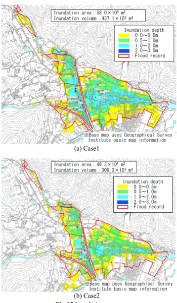 Fig. 15.  A comparison of both figures showed that  the inundation area for Case2 became smaller than  for Case1 in the area enclosed with the black circle