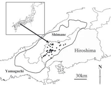 Fig. 1. Map of the research site.  The gray area indicates Hiroshima prefecture; dots indicate locations where samples were obtained; the bold line delineates the area of the Western Chugoku population.