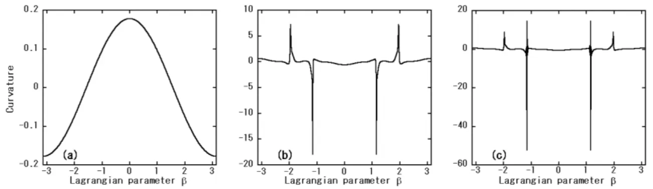 Fig. 5: 臨界、臨界近傍における界面の曲率。パラメーターは A = 0.2、g = 5.0 で、時間 t = (a) 84.0, (b) 34.3, (c) 28.0 である。曲率 (a) −(c) は Fig