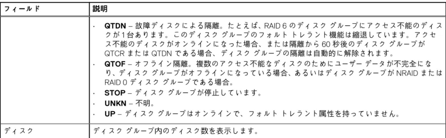 表 12. ディスク グループ テーブル （続き） フィールド 説明 • QTDN – 故障ディスクによる隔離。たとえば、 RAID 6 のディスク グループにアクセス不能のディス クが 1 台あります。このディスク グループのフォルト トレラント機能は縮退しています。アクセ ス不能のディスクがオンラインになった場合、または隔離から 60 秒後のディスク グループが QTCR または QTDN である場合、ディスク グループの隔離は自動的に解除されます。 • QTOF – オフライン隔離。複数のアクセス不能