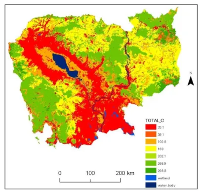 図 4  生態系炭素蓄積量マッピング（1 時点）の例（カンボジア国）   このマッピング手法を用いた、PALSARと地上計測の併用による生態系炭素蓄積量のモニタリン グの手法を図5に示す。モニタリングは以下の手順で行われる。① PALSARと地上計測の併用による 推定バイオマスと炭素率（0.5）によりバイオマス炭素蓄積量を推定する。②森林の常緑・落葉タ イプ、地質タイプ、土地利用変化の情報を利用し、土壌・枯死有機物炭素量をオブジェクトベー スで推定する。③バイオマス炭素蓄積量と土壌・枯死有機物炭素量の合計か