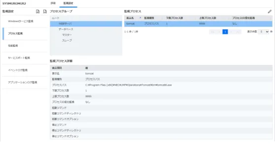 図 5-39   プロセス監視 本パネルは左にプロセスグループのツリーを表示します。 ツリー上でプロセスグループを 選択すると、右側に選択されたグループに属する監視サービスの一覧が表示されます。 表 には以下の項目があります。 表 5-20   項目一覧（監視プロセス） 項目名 説明 表示名 監視対象プロセスの表示名を表示します。 監視種別 監視方法を表示します。以下のいずれかが表示されます。 • プロセスパス • コマンドライン 下限プロセス数 プロセス数の下限値を表示します。 上限プロセス数 プロセス数