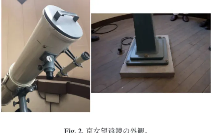 Fig. 1. 京都女子大学附属小学校屋上に設置されているドーム れている。この望遠鏡は、京都女子大学附属小学校の生 徒や京都女子大学の学生が観望会を行うなど、理科教育 の一環として現在も使用されている。しかし、導入され てから長い年月が経過しており、現役の小学校教員も誰 がどのような経緯で導入したのか伝わっていない状況と なっていた。 大学関係者から京都大学花山天文台から移設されたの ではないかという証言があったが、その確証はなかった （ section 2.2 ）。また、当時の同規模の望遠鏡には、錦織寺