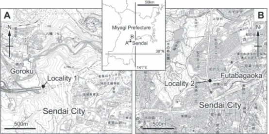 Fig. 1. Locality map of fossils (using the digital topographical map, scale 1:25,000, published by Geospacial  Information Authority of Japan).