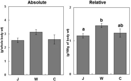Fig. 1. Effects of the feeding of different types of diets on absolute and relative epididymal adipose tissue weight in rats