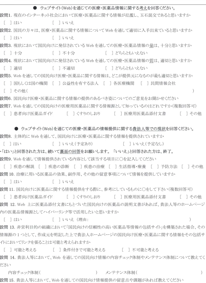 図 1 アンケートの設問内容˖ 䜴 䜴䜵䝤䝃䜲䝖䠄㼃㼑㼎䠅䜢㏻䛨䛶䛾་⒪䞉་⸆ရ᝟ሗ䛻㛵䛩䜛⪃䛘䜢ᅇ⟅䛟䛰䛥䛔䚹㻌 タၥ䠍䠊⌧ᅾ䛾䜲䞁䝍䞊䝛䝑䝖♫఍䛻䛚䛔䛶་⒪䞉་⸆ရ䛻㛵䛩䜛᝟ሗ䛜ỏ℃䛧䚸⋢▼ΰ஺䛷䛒䜛䛸ᛮ䛔䜎䛩䛛㻌㼇㻌 㻌 㼉㻌 䛿䛔㻌㻌㼇㻌 㻌 㼉㻌 䛔䛔䛘㻌 タၥ䠎䠊ᅜẸ䛾᪉䚻䛿䚸་⒪䞉་⸆ရ䛻㛵䛩䜛᝟ሗ䛻䛴䛔䛶 㼃㼑㼎 䜢㏻䛧䛶㐺ษ䛻ධᡭฟ᮶䛶䛔䜛䛸ᛮ䛔䜎䛩䛛㻌㼇㻌 㻌 㼉㻌 䛿䛔㻌 㻌 㻌 㻌 㻌 㻌 㻌㼇㻌 㻌 㼉㻌 䛔䛔䛘㻌タၥ䠏䠊⌧≧䛻䛚䛔䛶ᅜẸྥ䛡䛻Ⓨಙ䛥䜜䛶䛔䜛 㼃㼑㼎 䜢㏻䛧䛶䛾་⒪
