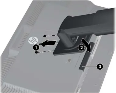 図  3-2   パネルの HP クイック リリース 2 への取り付け 背面の各部 ZR2040w モデル 図  3-3    ZR2040w のリア パネルの各部 名称 機能 1 外部電源コネクタ 外部電源コードをモニターに接続します 2 セキュリティ ロック ケーブル 用スロット セキュリティ ロック ケーブル用のスロットです 3 DisplayPort コネクタ DisplayPort ケーブルをモニターに接続します 4 DVI-D コネクタ DVI-D ケーブルをモニターに接続します 5 VGA コ
