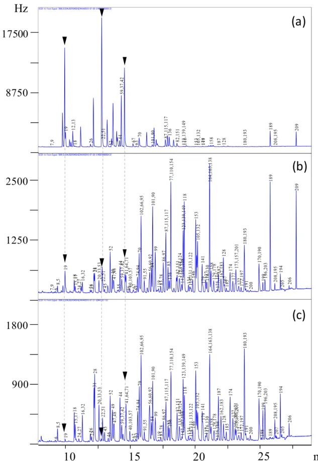 Fig. II Examples of interference peaks on low-chloride PCBs by PCNs on GC/ECD  chromatograms  （a） sample A （b） sample B （c） KC-Mix 0.2ng/µL 