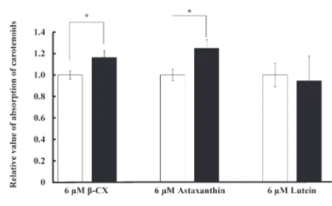 Fig. 3.  Effects of  two types of  inhibitors on the absorption  of  β-CX by Caco-2 cells