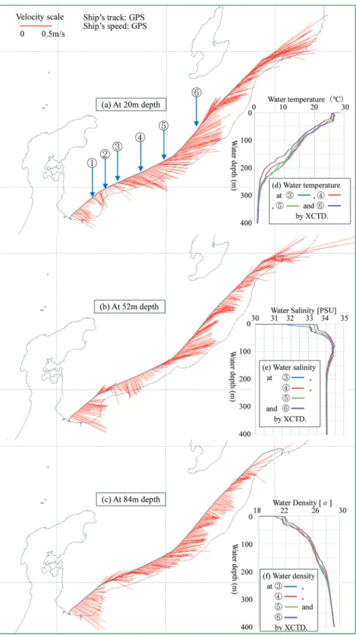 Fig. 2 と同様に，Fig. 3 には，GPS モードによる ADCP 観測結果を示した．Figs. 2, 3 の（a）内に示す，①〜⑥が