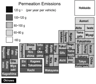 Fig. 7 Map of permeation emissions per year from single gasoline vehicle. 
