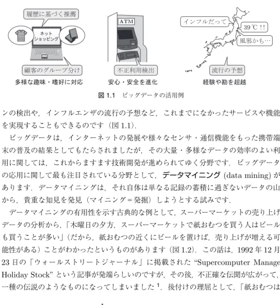 図 1.1 ビッグデータの活用例 ンの検出や，インフルエンザの流行の予想など，これまでになかったサービスや機能 を実現することもできるのです（図 1.1 ）． ビッグデータは，インターネットの発展や様々なセンサ・通信機能をもった携帯端 末の普及の結果としてもたらされましたが，その大量・多様なデータの効率のよい利 用に関しては，これからますます技術開発が進められてゆく分野です．ビッグデータ の応用に関して最も注目されている分野として，データマイニング (data mining) が あります．データマイニング