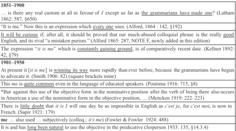 Table 3 shows descriptive statements on ACC constructions from the 1860s  onwards. Scholars like Alford, who focused on common usage, pointed out that 