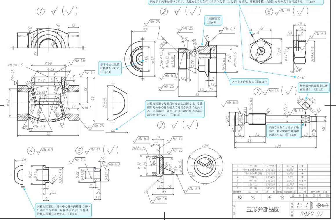 図    面 尺  度 投影法設  計 製  図 写  図・ ・・ ・・ ・図   番校  名氏  名 1 ： 1 0029 ─ 02玉形弁部品図照合番号1品  名弁 箱材  料 個数CAC4061合計質量［0.646kg］工 程木イキ 適用規格・記事2ふ たCAC4061111110.312木イキ3弁 体CAC4060.073木イキ4弁押えCAC4060.02キ5パッキン押え輪CAC4060.016キ6パッキン押えナットCAC4060.055木イキ7弁 棒C3771BD─F0.134キ263   257 