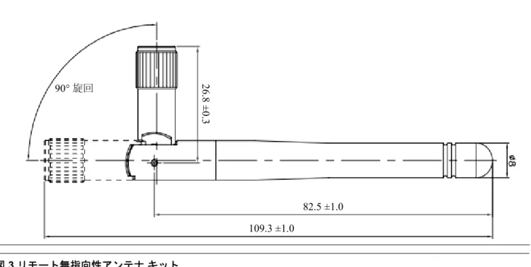 図  2 WX2 ベーシック アンテナ寸法 図  3 リモート無指向性アンテナ キット リモート無指向性アンテナ  キットには、リモートアンテナ接続のためのシール テープ、SMA-N タイプ アダプタ ケーブル、 アンテナ取付けブラケット、および避雷器が含まれています。 82.5 ±1.0109.3 ±1.026.8 ±0.390° 旋回 Antenna 50 ft