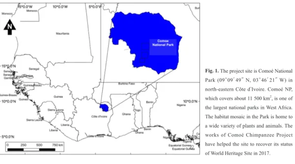 Fig. 1. The project site is Comoé National  Park (09° 09′ 49″  N, 03° 46′ 21″  W) in  north-eastern Côte dʼIvoire
