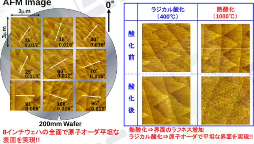 図 1・4  原子オーダで平坦な(100)Si 表面，及び SiO 2 /Si 界面  原子オーダで平坦化された(100)面シリコン基板をラジカル酸化，熱酸化したその界面の 原子間力顕微鏡像も図 1･4 には示されているが，ラジカル酸化では原子オーダ平坦界面が 完全に維持されているが，熱酸化では界面は激しく粗れてしまっている．その様子を，5.4  nm 厚さの SiO 2 膜の MOS ダイオードの絶縁破壊電界強度 E bd のダイオード面積依存性で一 層明確に示すことにする．図 1･5 に，原子オーダ平坦