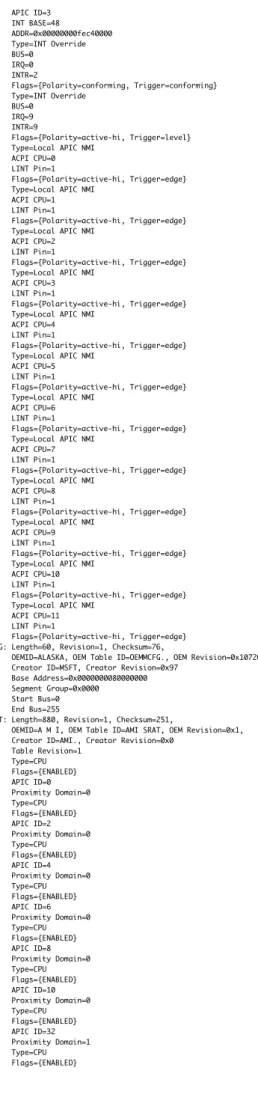 Table	 Revision=1 Type=CPU Flags={ENABLED} APIC	 ID=0 Proximity	 Domain=0 Type=CPU Flags={ENABLED} APIC	 ID=2 Proximity	 Domain=0 Type=CPU Flags={ENABLED} APIC	 ID=4 Proximity	 Domain=0 Type=CPU Flags={ENABLED} APIC	 ID=6 Proximity	 Domain=0 Type=CPU Flags