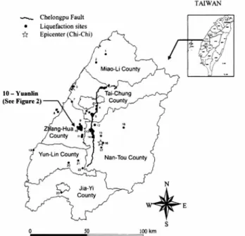 Figure  1  shows  the  distribution  of  liquefaction  sites  in  central  Taiwan  in  the  Chi-Chi  event  compiled  by   Nation-al  Center  for  Research  on  Earthquake  Engineering  (NCREE,  1999)