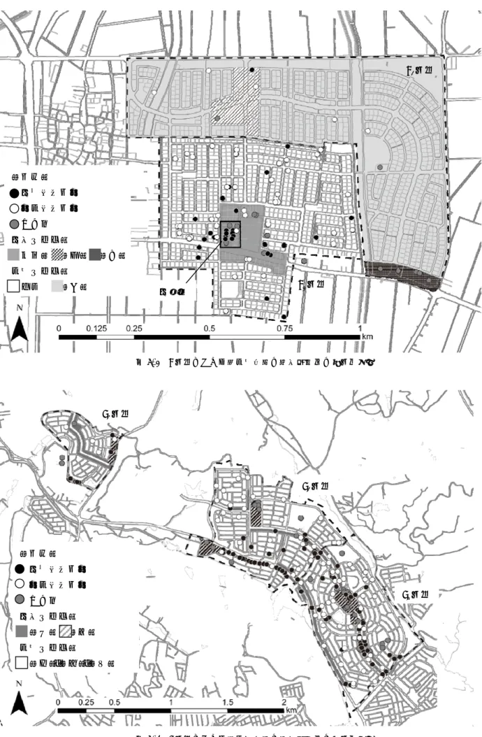 図 6-1  A 地区における非住宅用途の開業経緯別の立地分布  図 6-2  B 地区における非住宅用途の開業経緯別の立地分布 商店街（凡例）商売目的入居居住目的入居  その他商業ゾーン：  （ニ）  （ホ）住宅ゾーン：  （イ）・（ロ）・（ハ）（凡例）商売目的入居居住目的入居  その他商業ゾーン：  二中高  （ろ）  （は）住宅ゾーン：  一低    （い）A1地区 A 2 地区B1地区B2地区B3地区